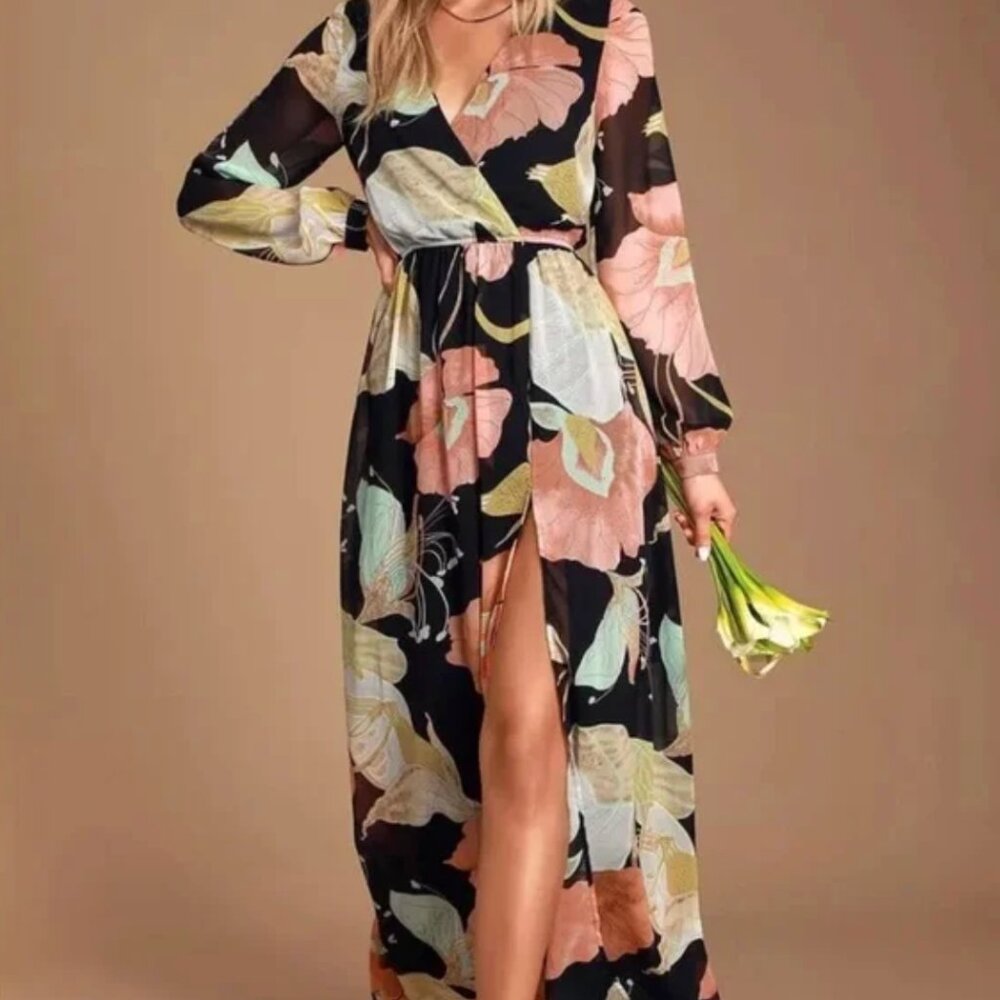 Lulu's Wondrous Water Lillies Black Maxi Dress